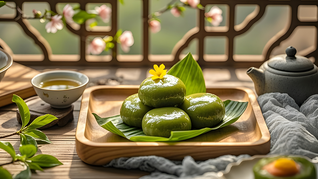 中式窗前青团与茶具摆拍清明节节令美食图AI