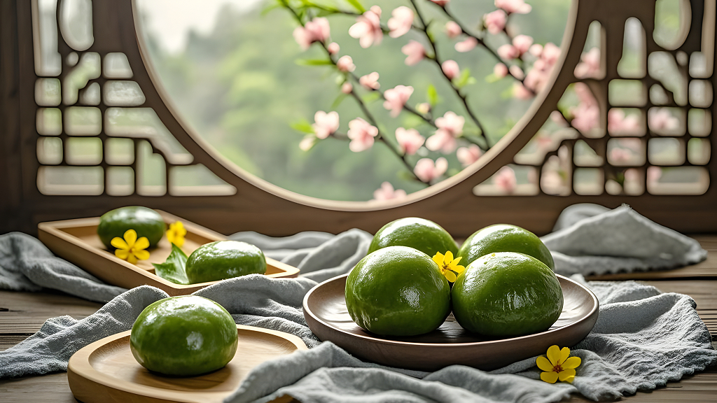 清明节青团与桃花中式窗景节气文化美食图AI