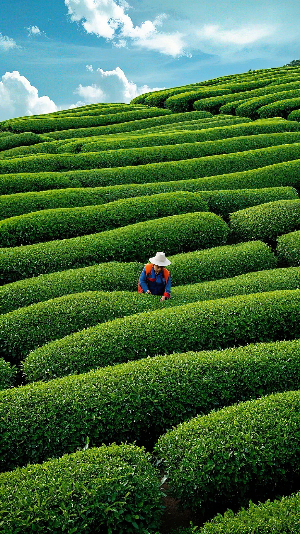 蓝天白云下劳动者在规整的绿色茶园中忙碌茶园场景AI
