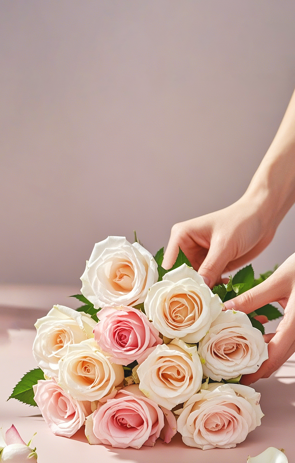 一双手正在摆弄粉色和白色相间的玫瑰花束玫瑰花氛围场景	AI