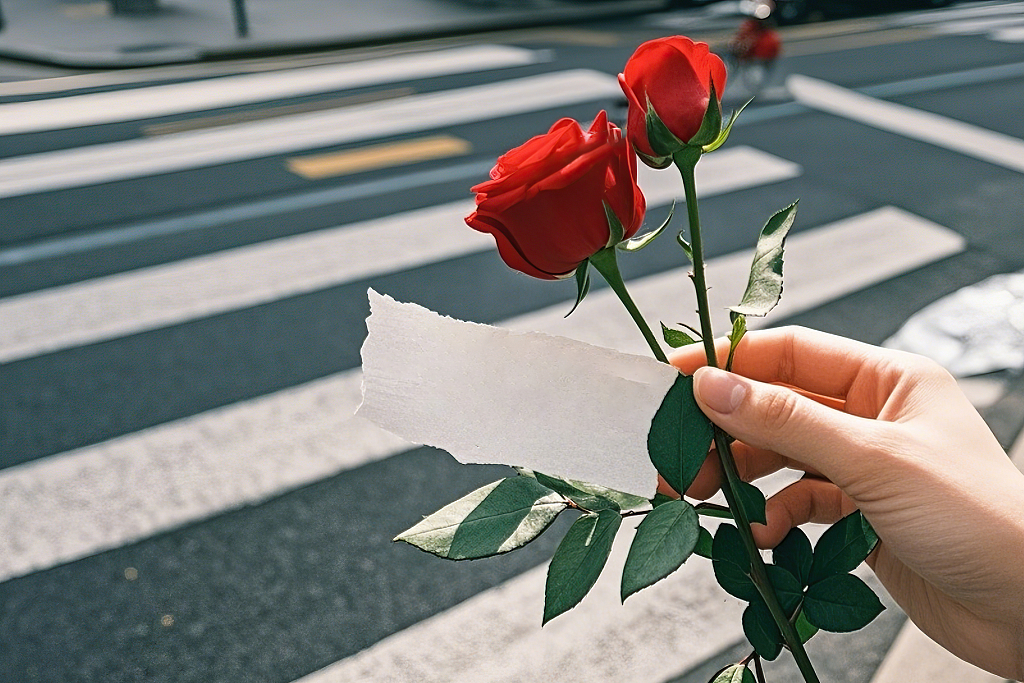 手握着两枝红玫瑰和纸条站在马路斑马线背景处玫瑰花氛围场景		AI