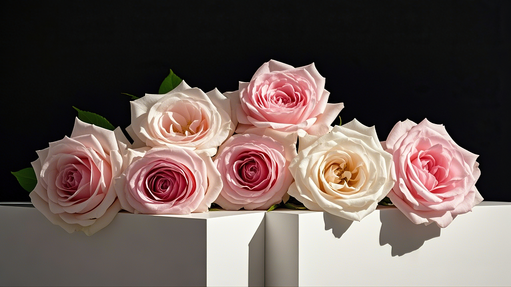 粉色和白色玫瑰花摆放在白色立体物件上背景为黑色	AI