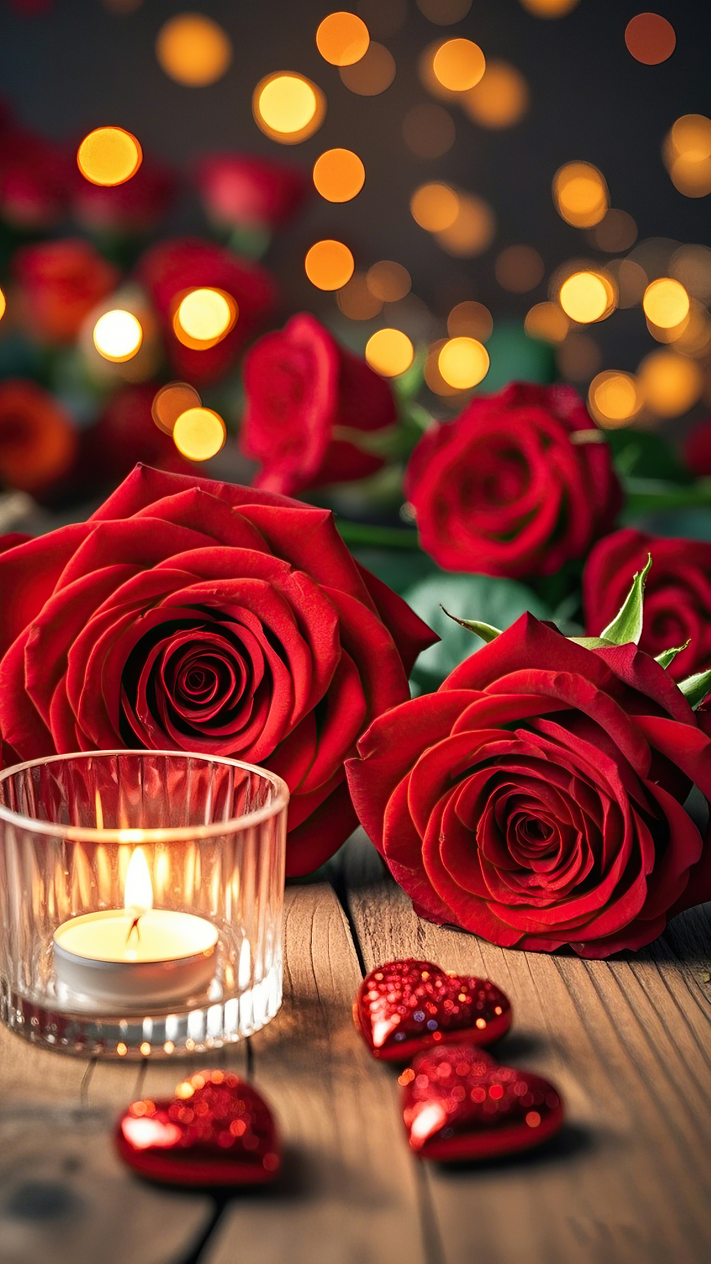 红玫瑰蜡烛红心在木桌上营造浪漫温馨氛围场景	AI