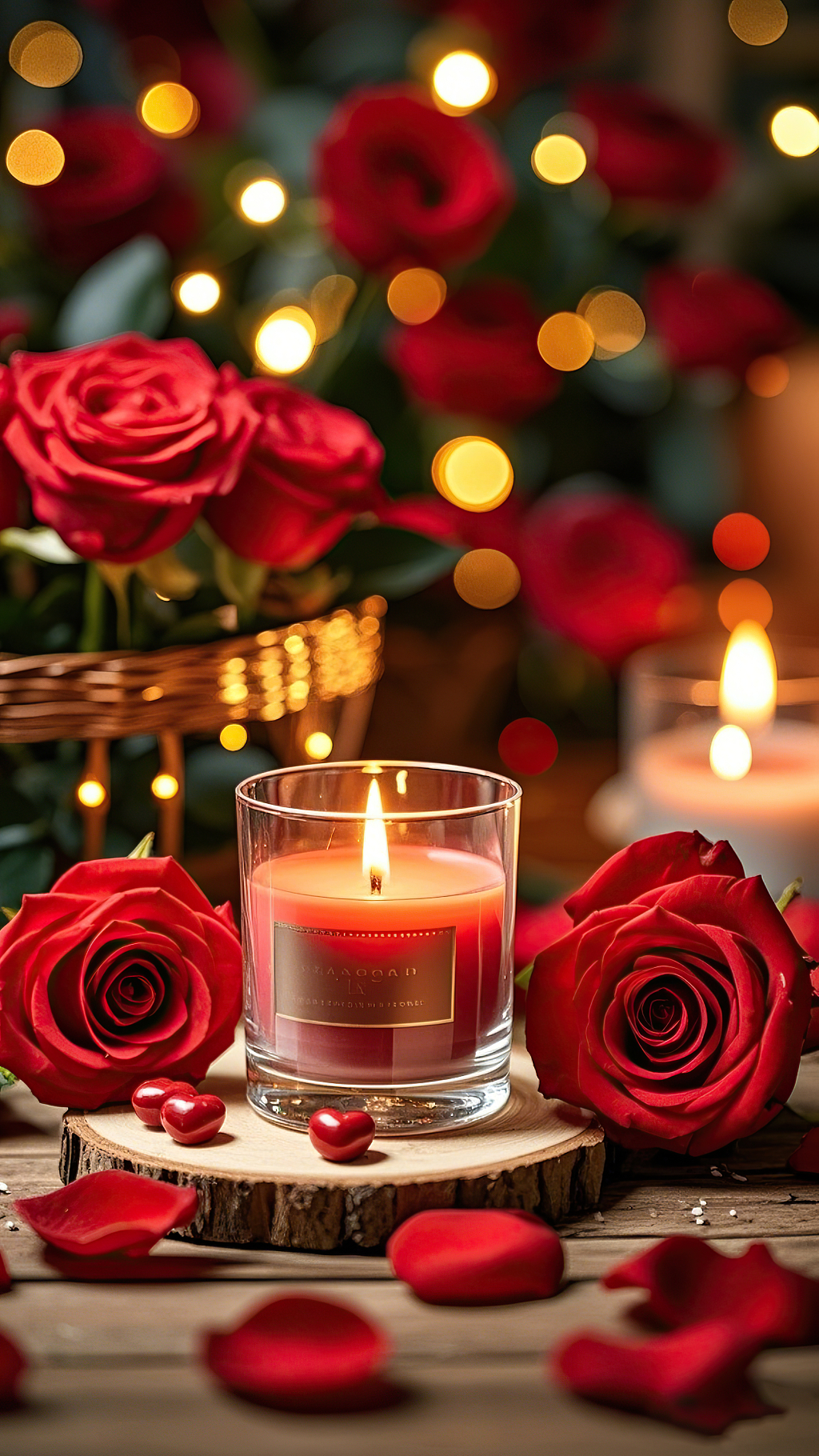 红玫瑰蜡烛和红心在木桌上周围有散落花瓣玫瑰花氛围场景		AI