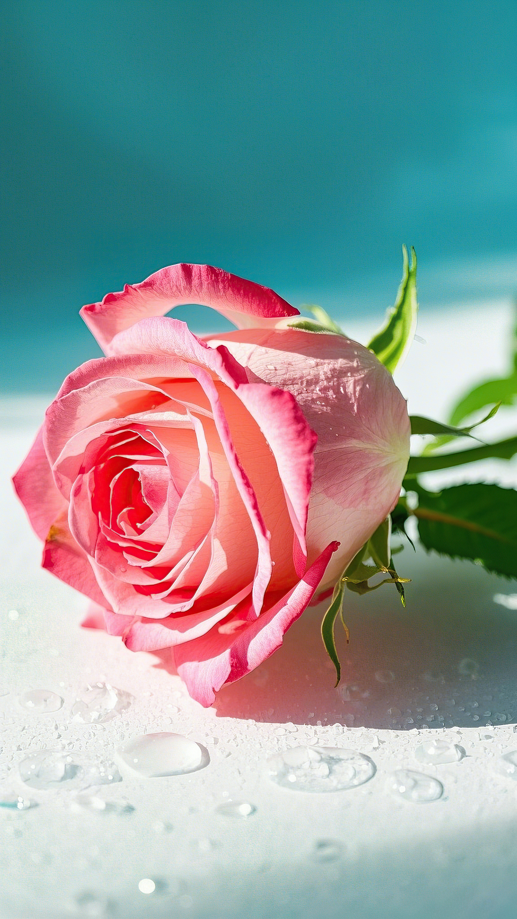 粉色玫瑰置于有水珠和蓝色背景衬托的画面中玫瑰花氛围场景		AI