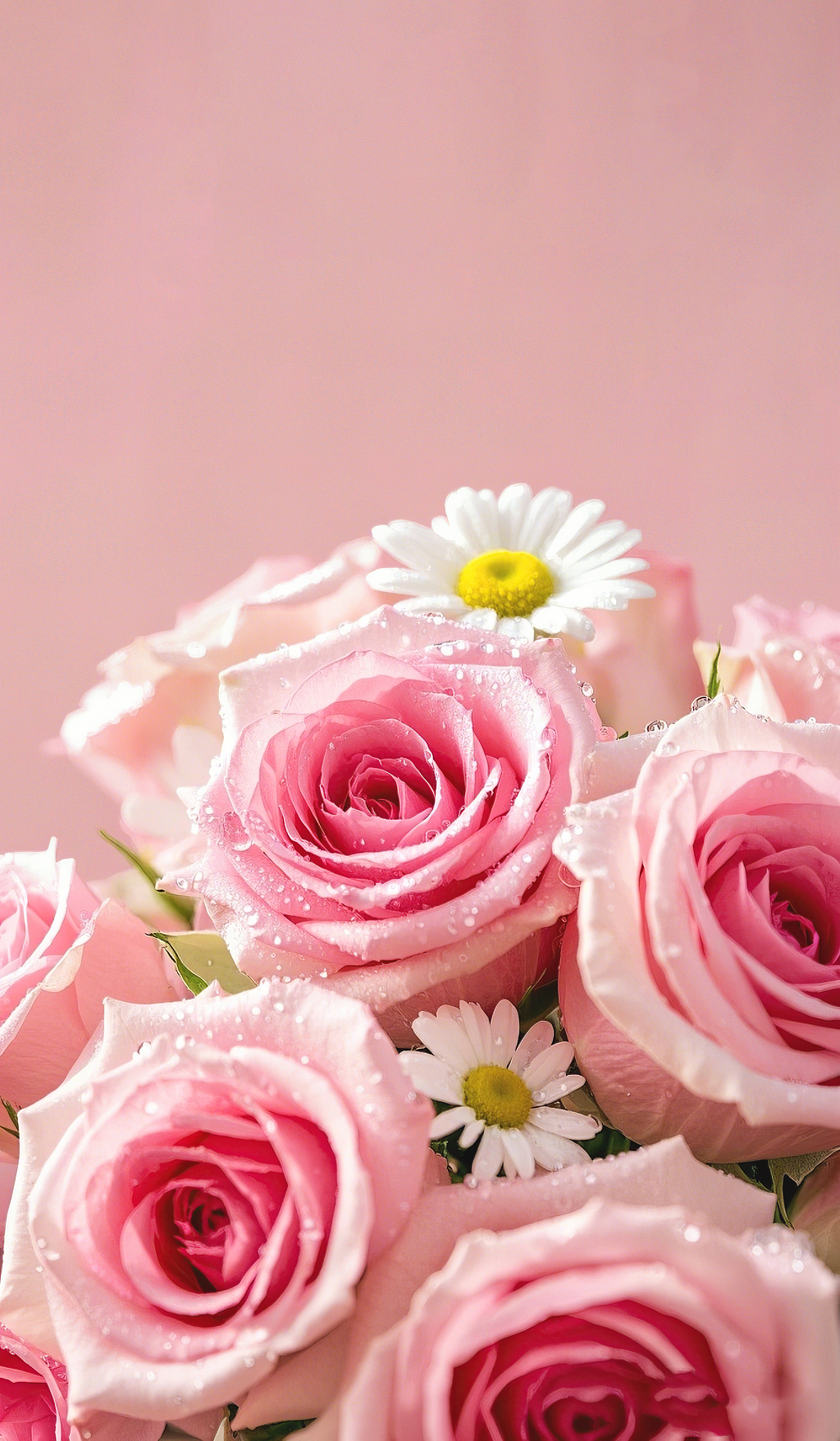 粉色背景下带水珠的粉色玫瑰和白色小雏菊组合玫瑰花氛围场景		AI