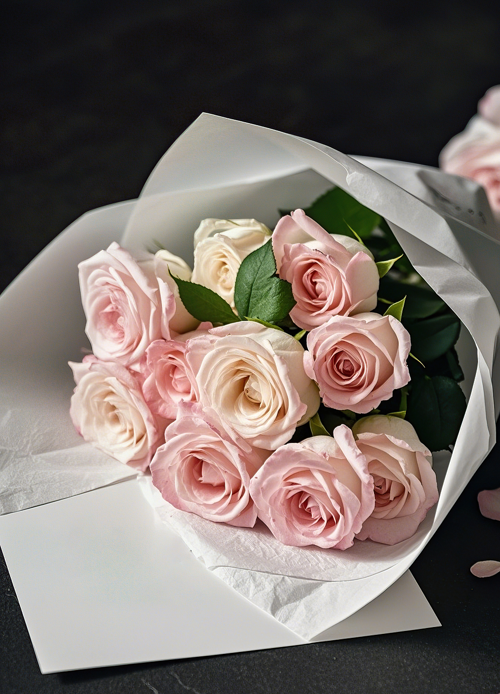 白色包装纸包裹的粉色和米白色玫瑰花束玫瑰花氛围场景		AI