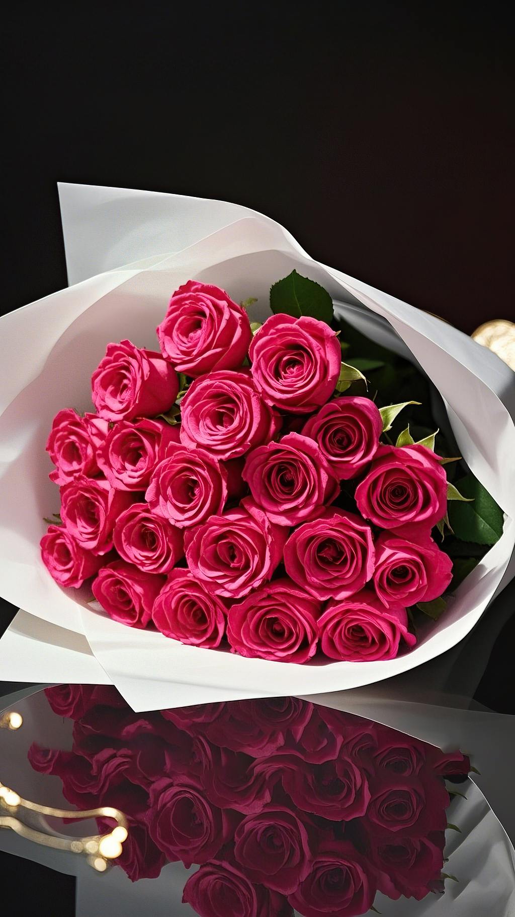 白色包装纸包裹的鲜艳粉色玫瑰花束及倒影玫瑰花氛围场景		AI