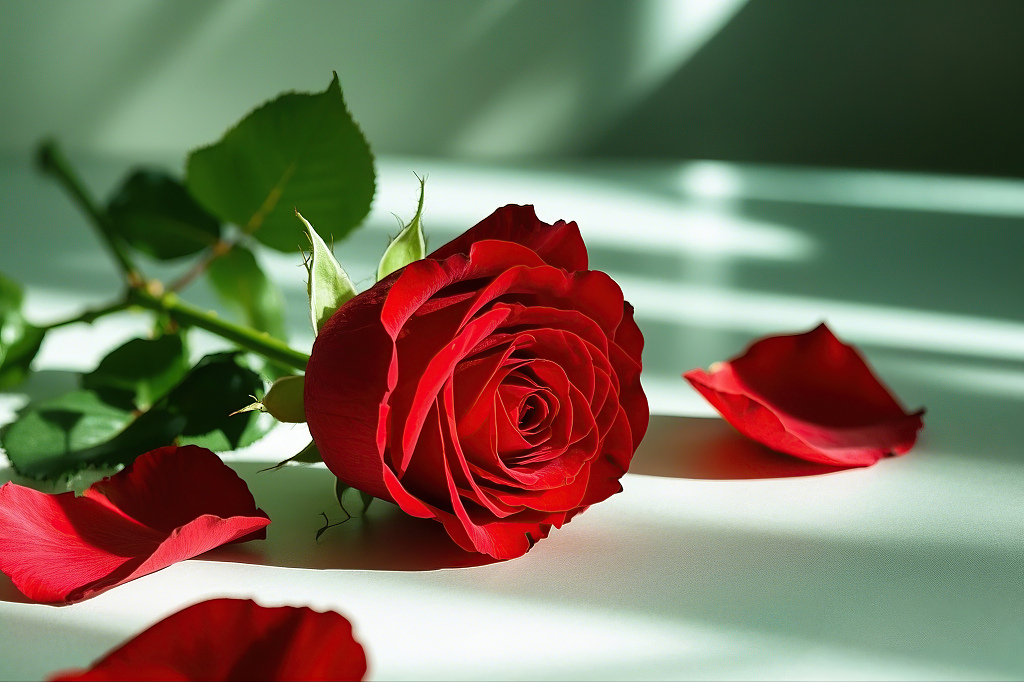 白色桌面上红玫瑰搭配掉落的红色花瓣玫瑰花氛围场景		AI