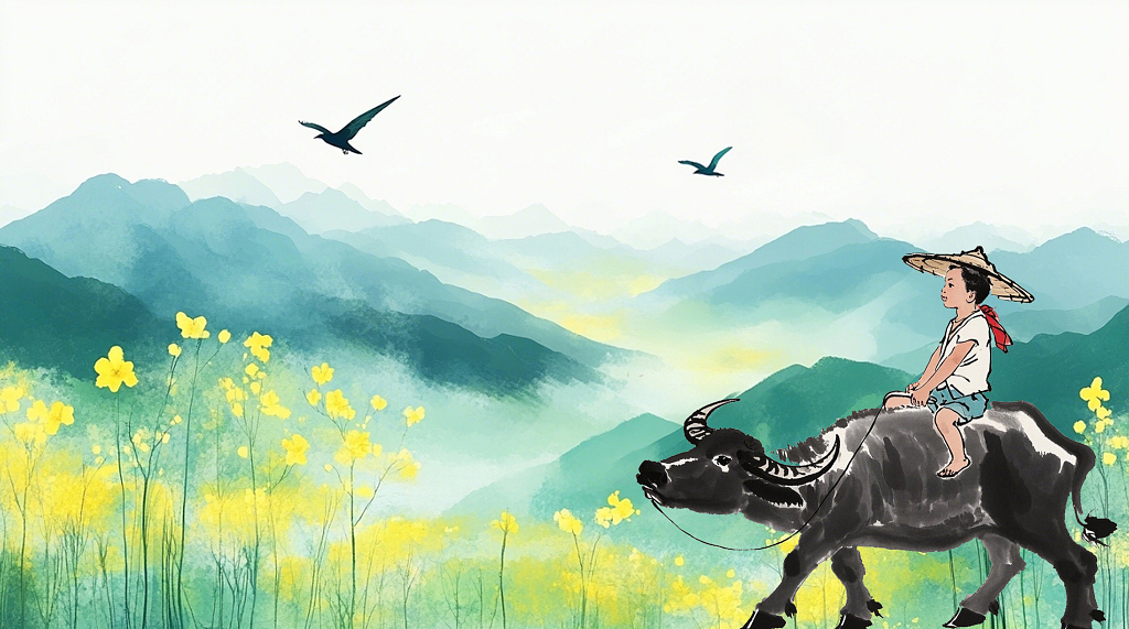 传统节日清明节春日山野间骑牛孩童的悠然意境图AI