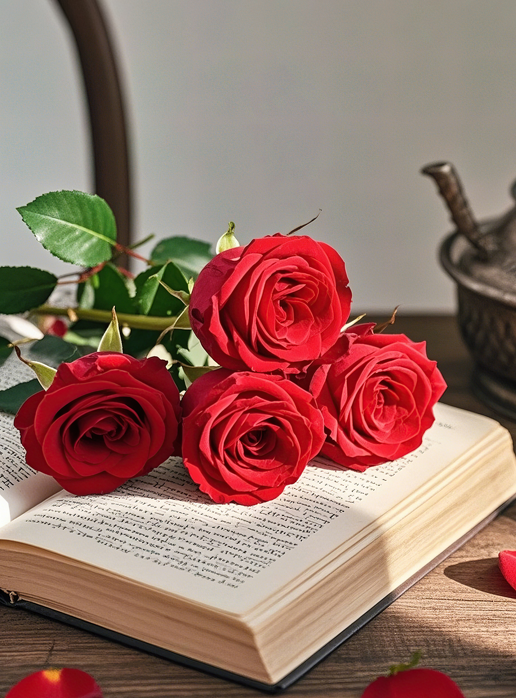 四朵红玫瑰摆放在翻开的书本上旁边有散落花瓣	AI