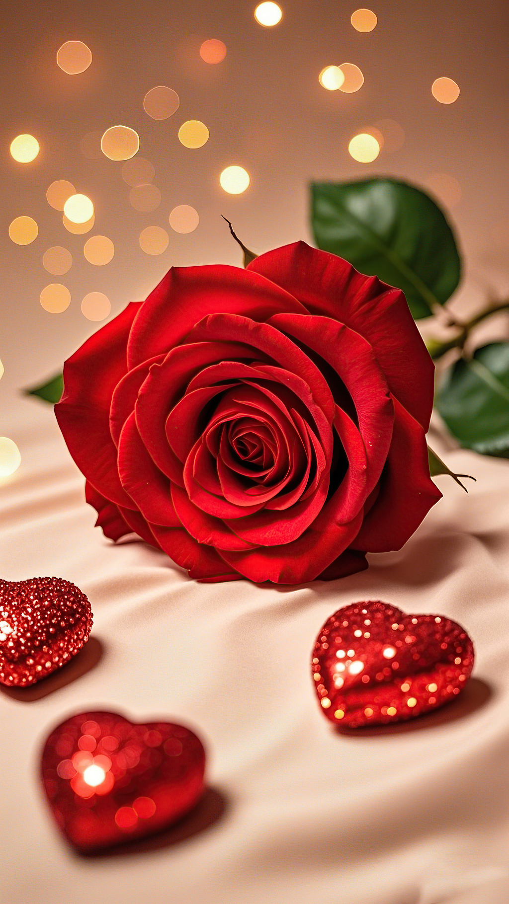 红玫瑰搭配闪光红心及光斑背景营造浪漫氛围	AI