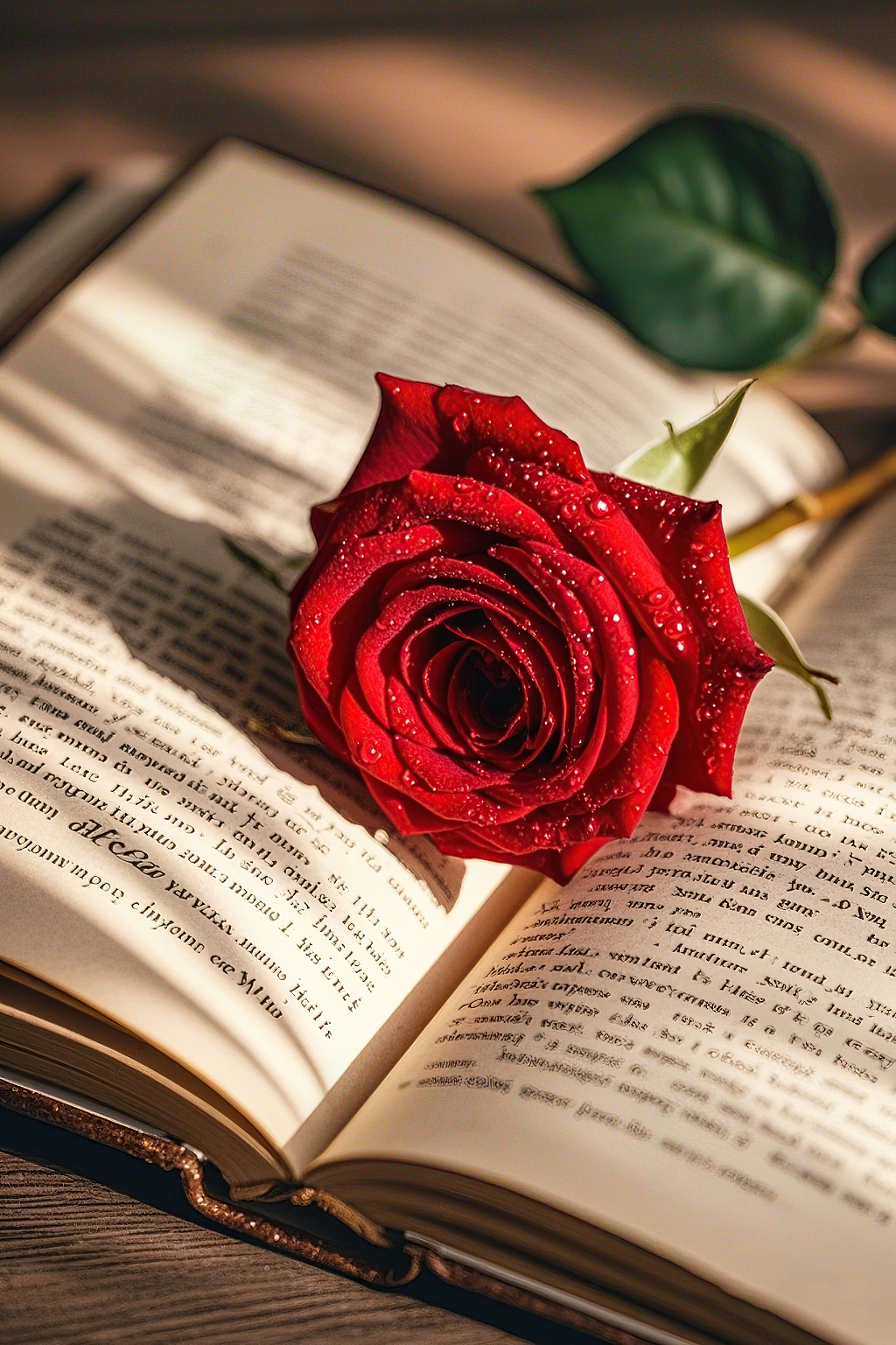 带水珠红玫瑰置于翻开书本上营造出文艺浪漫氛围	AI