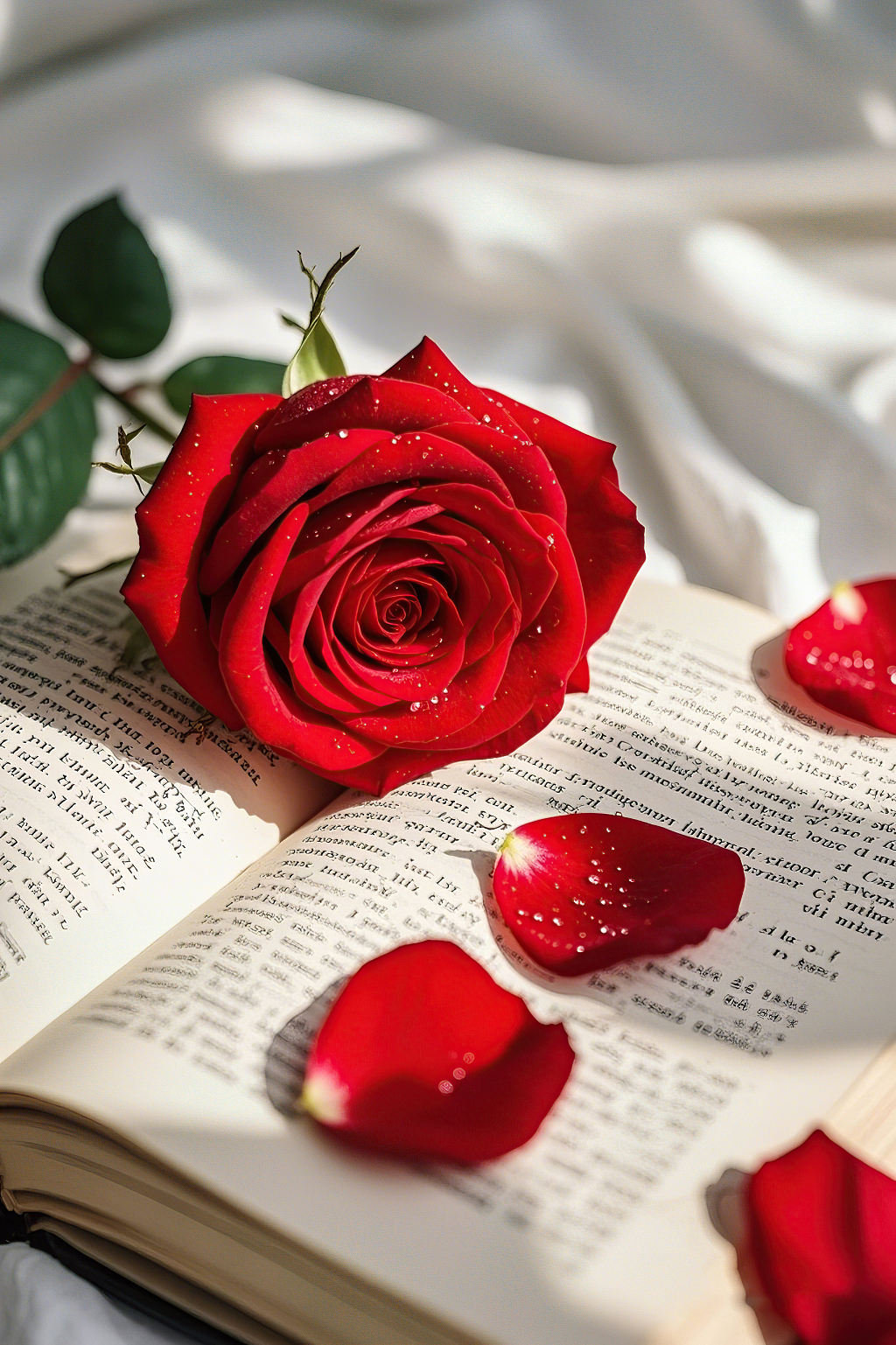 带水珠红玫瑰置于翻开有文字书本上旁边有花瓣	AI