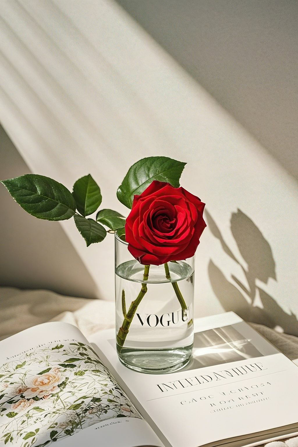 透明玻璃杯插着红玫瑰放在翻开有花卉图案的书本上	AI
