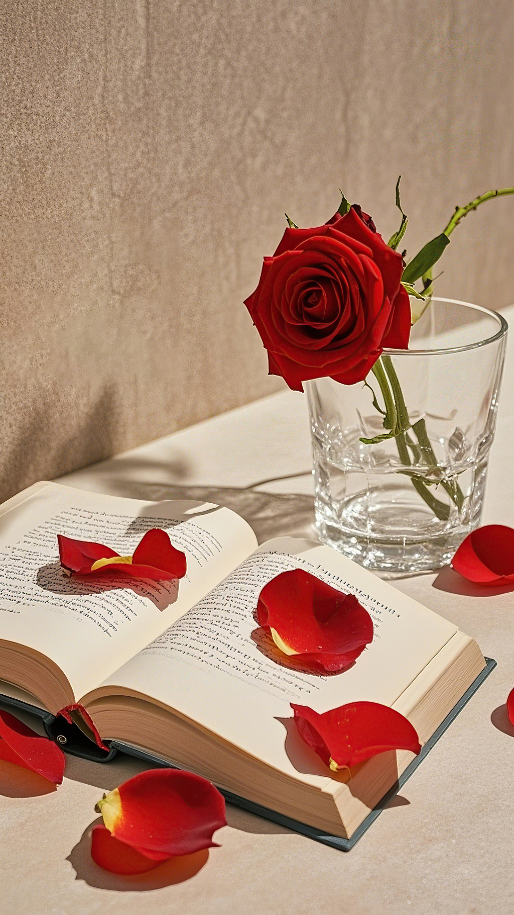透明玻璃杯中插着红玫瑰旁边是散落花瓣的打开书本	AI