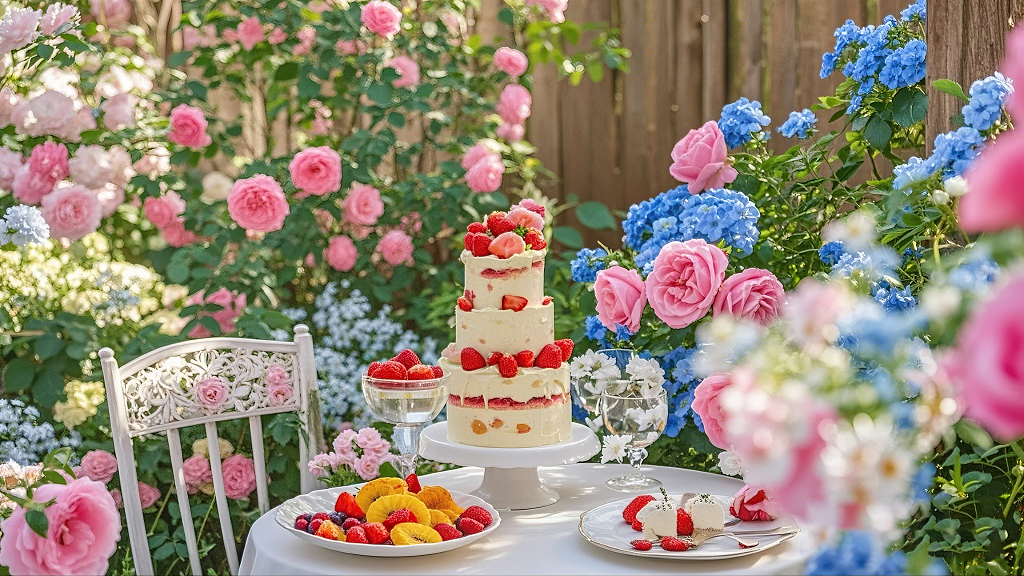 花园里摆满鲜花中间是草莓装饰的三层蛋糕的场景	AI