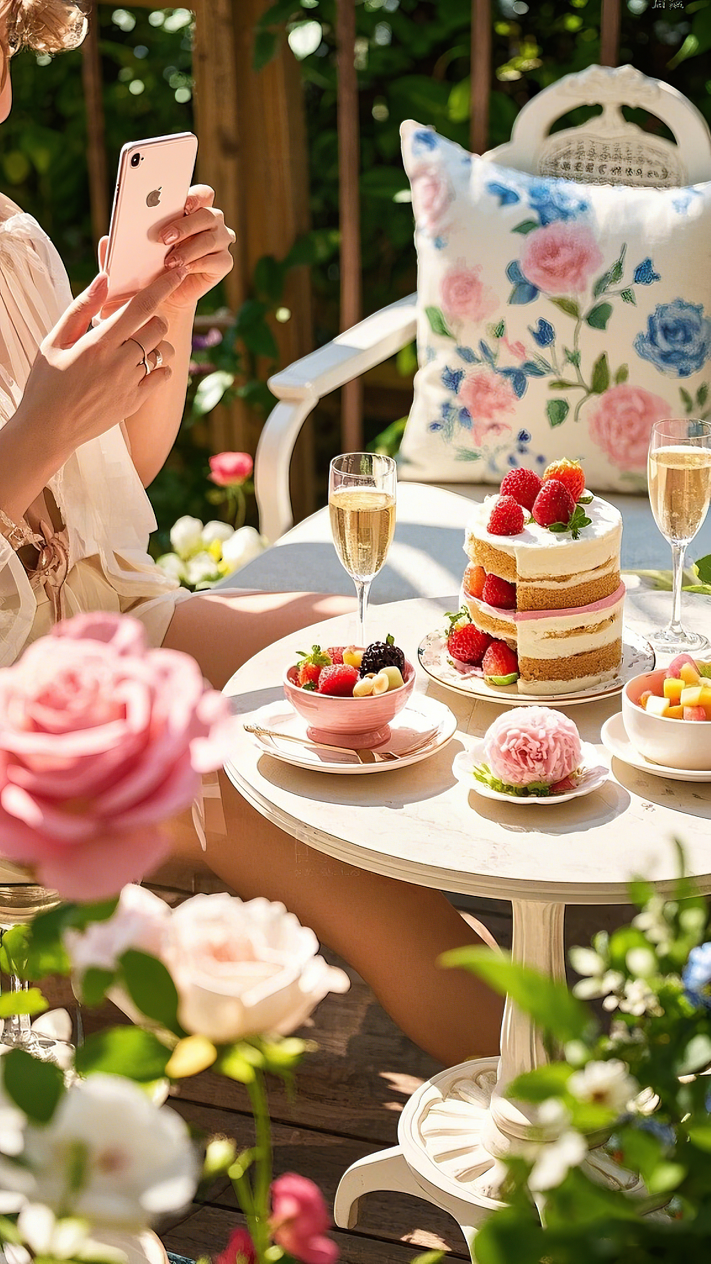 女子在花园中对着摆满甜点香槟和鲜花的桌子拍照	AI