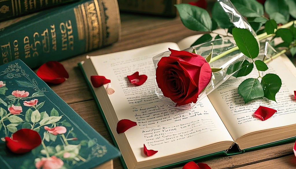 木桌上放着打开书本和红玫瑰旁边还有其他书籍	AI