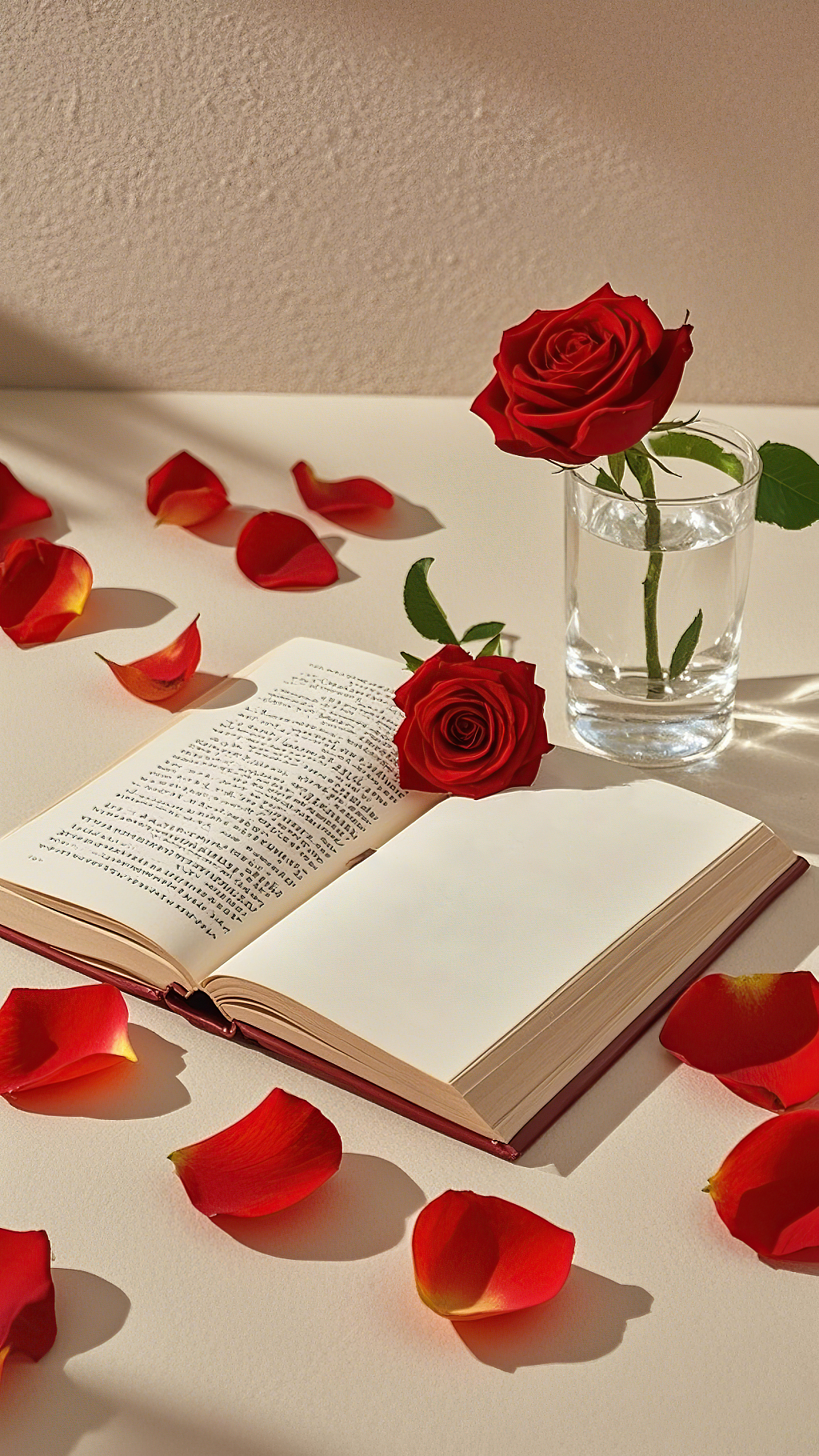 桌上透明玻璃杯中红玫瑰搭配打开书本和散落花瓣	AI