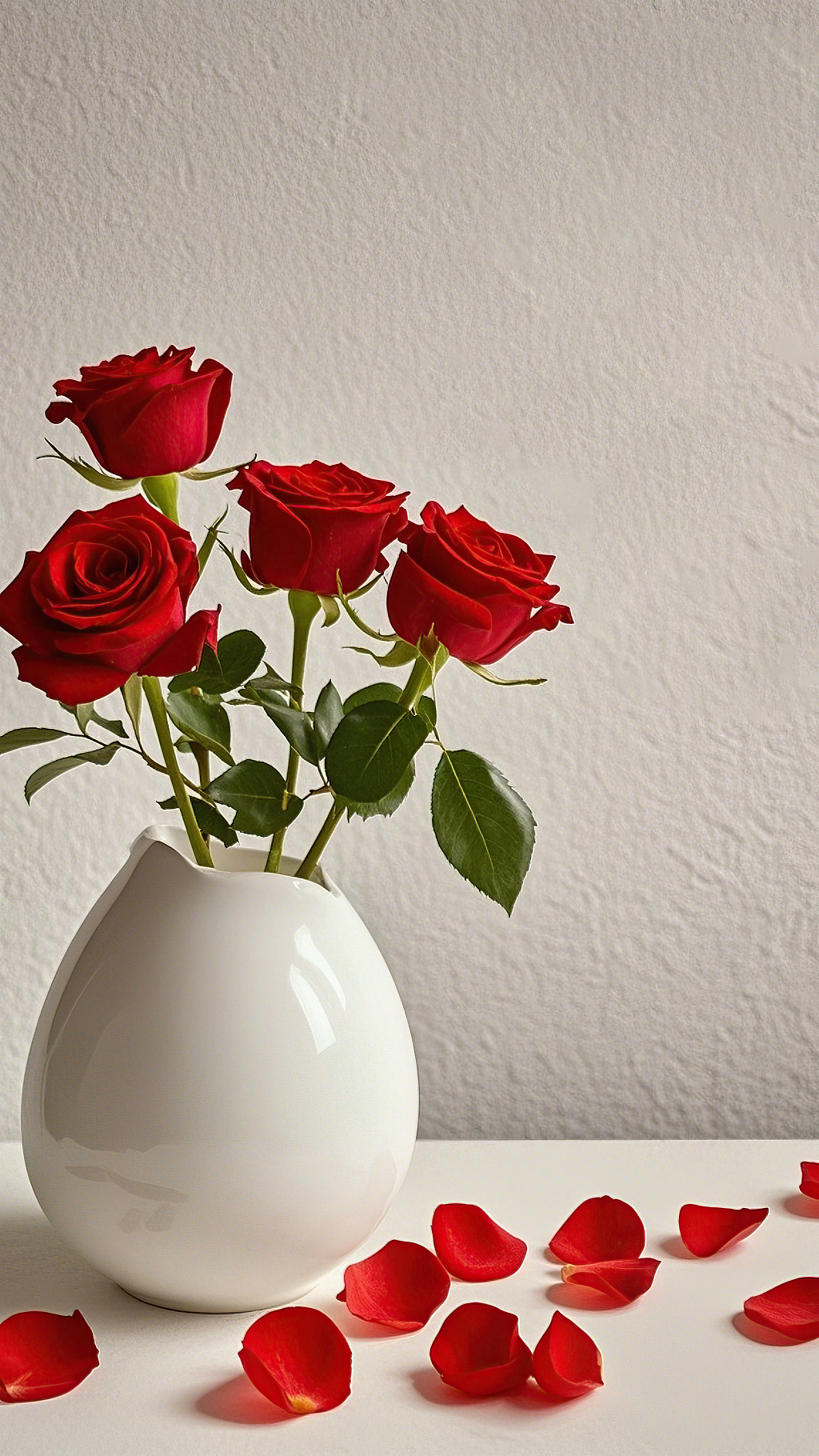 白色花瓶中插着四支娇艳红玫瑰及散落花瓣	AI