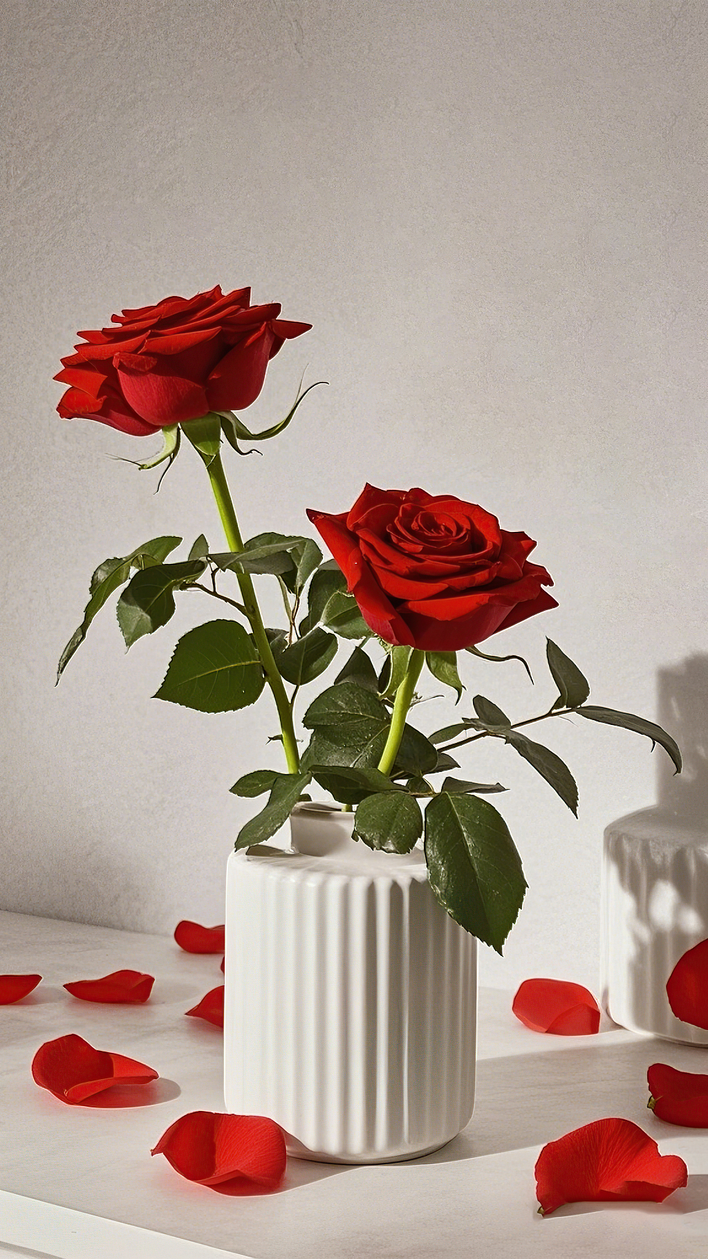白色条纹花瓶里插着两支红玫瑰及周围花瓣	AI