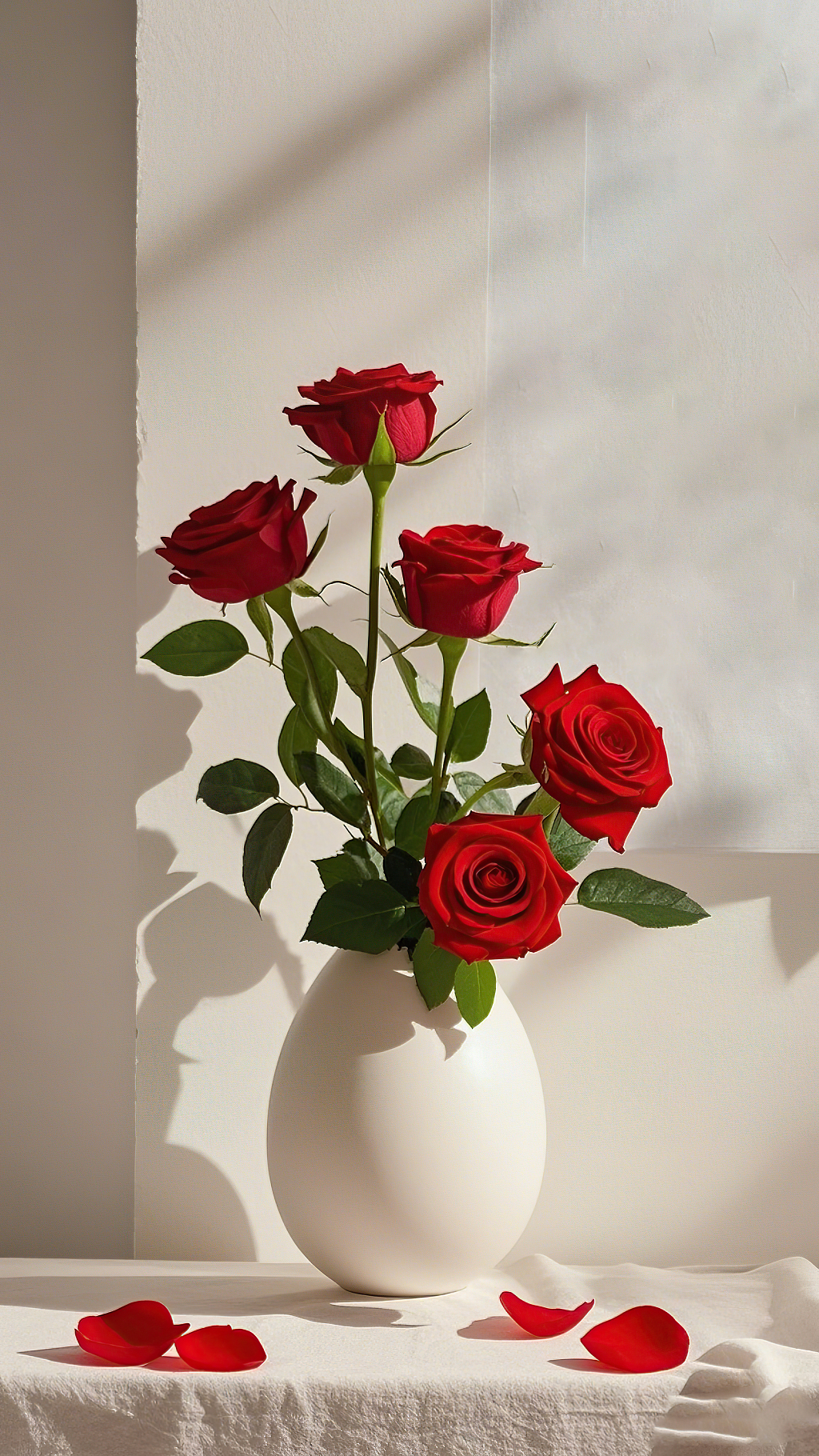 白色椭圆形花瓶插着五支红玫瑰及周边花瓣	AI