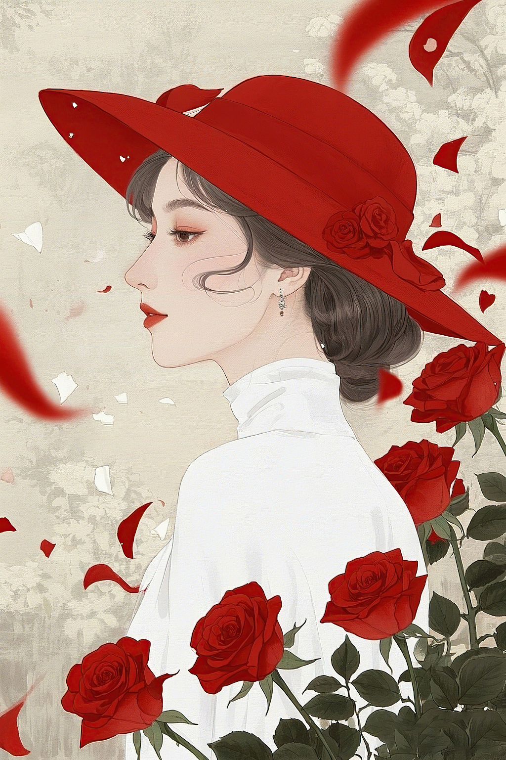 戴着红帽子的女子身旁围绕着红玫瑰和飘落花瓣	AI