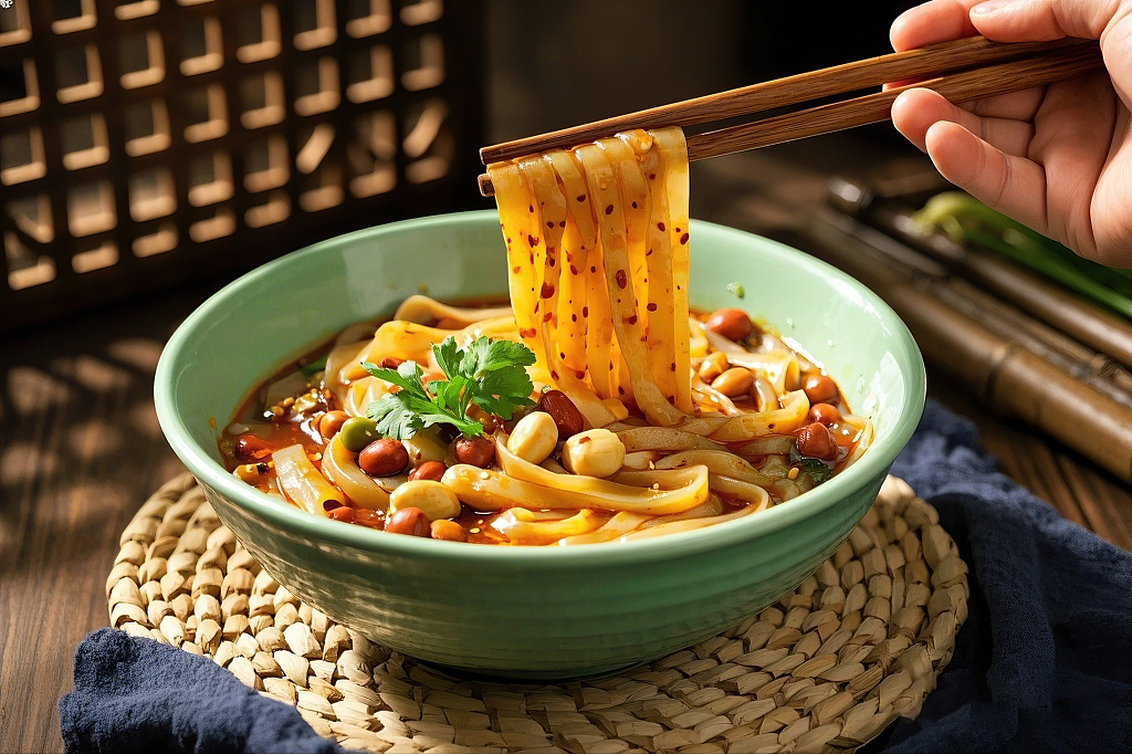 拌粉筷子夹起带辣椒油的宽面条碗里还有花生等配料	AI