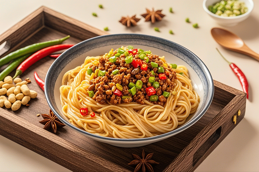 肉酱拌面美食面条拌粉木托盘上碗装粉条配肉酱青红椒粒和花生	AI