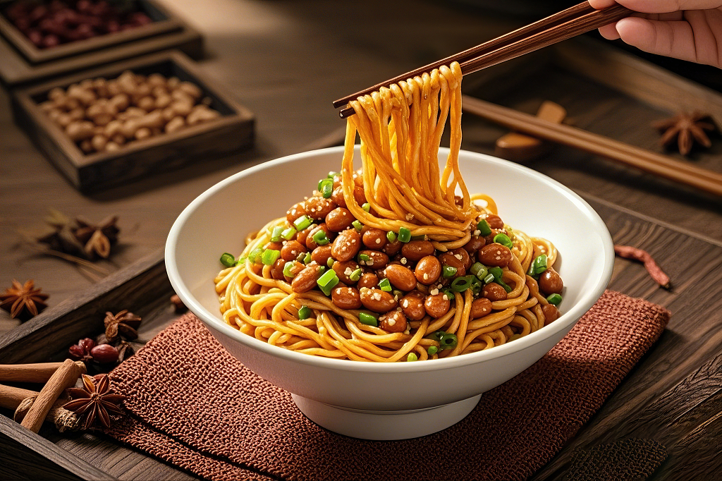 肉酱拌面美食面条拌粉筷子夹起带酱汁的面条碗里有豆子和葱花	AI