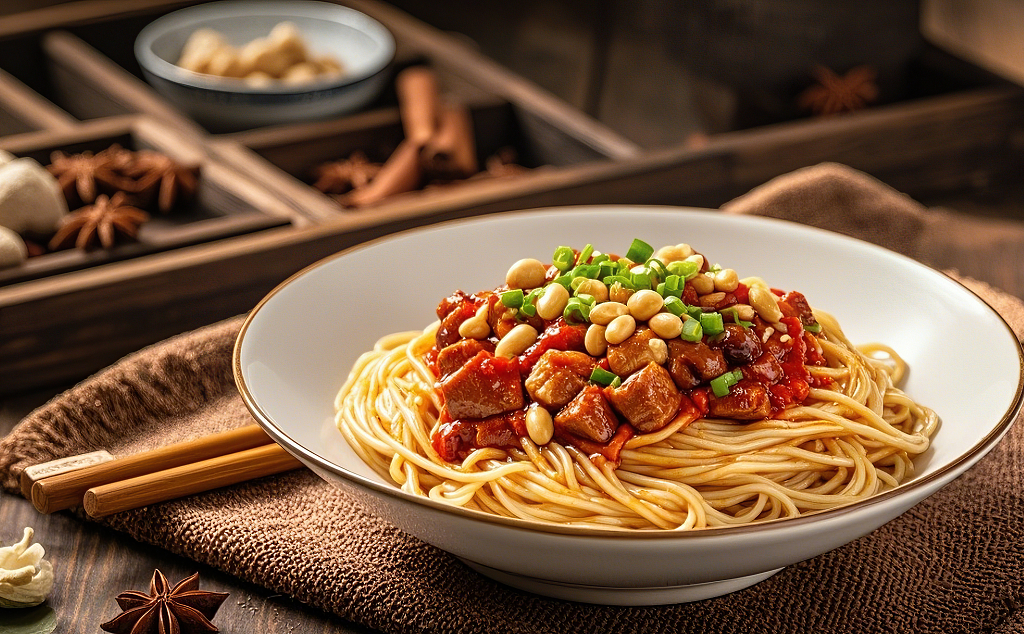 肉酱拌面美食面条拌粉白色碗里面条配肉块花生酱和葱花点缀粉条AI