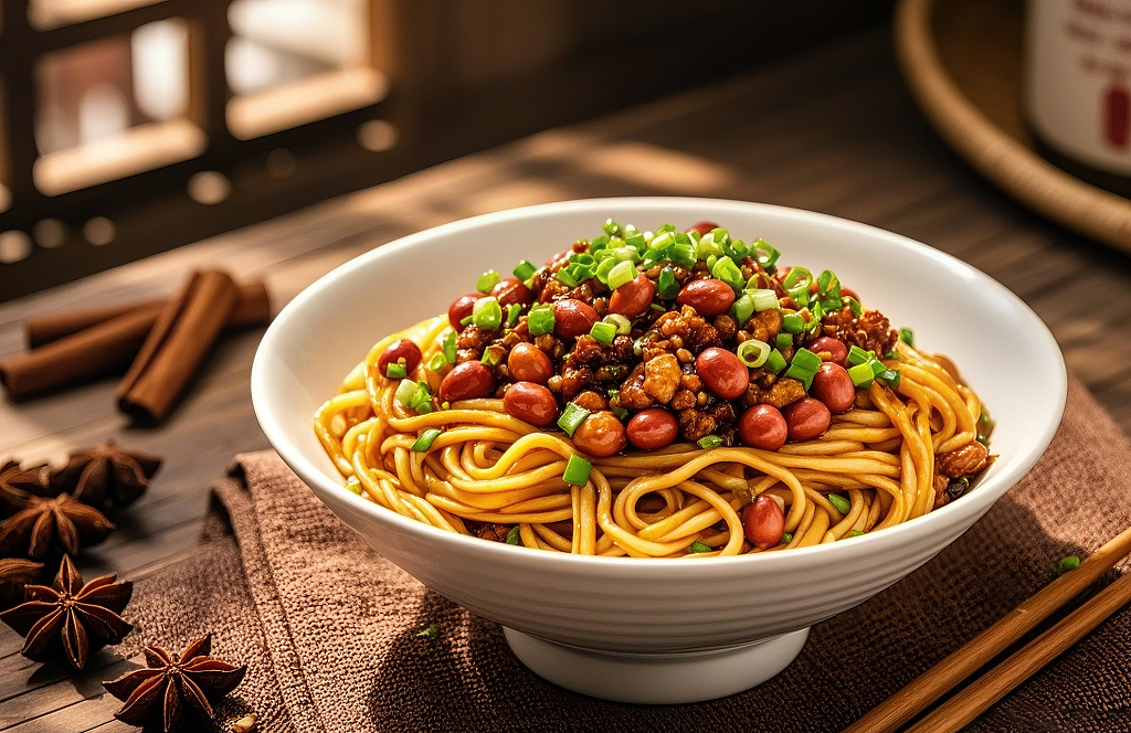 肉酱拌面美食面条白色碗中面条配肉末花生葱花等摆于棕色布上粉条	AI
