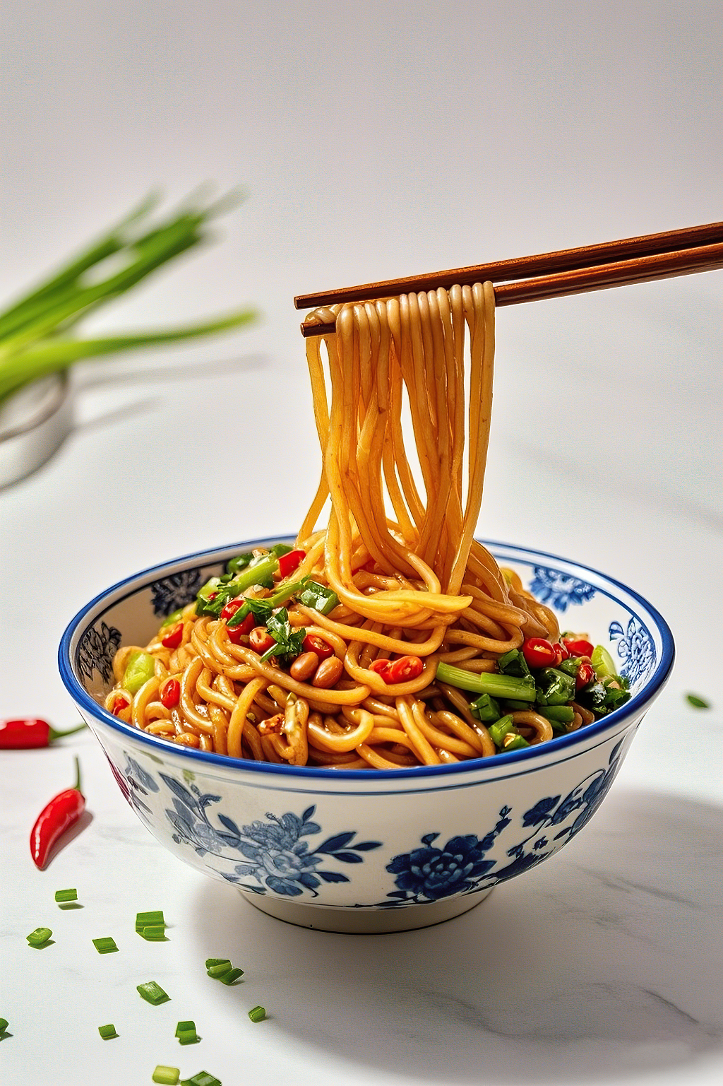 肉酱拌面美食面条筷子夹起蓝白花纹碗中配花生辣椒的面条粉条拌粉	AI