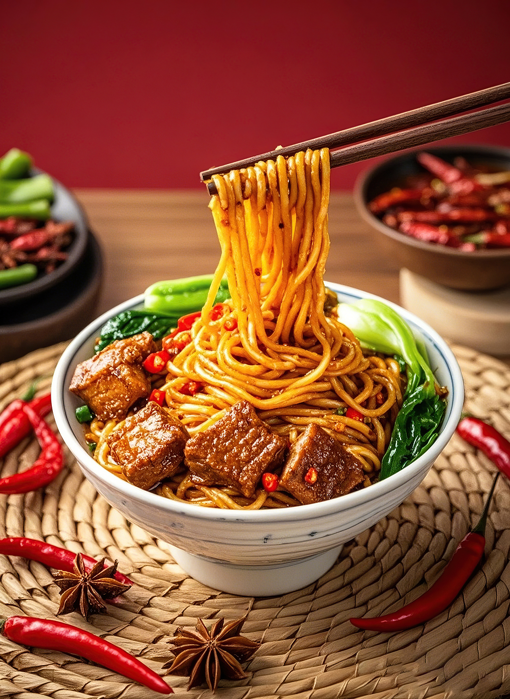 肉酱拌面美食面条筷子夹起白色碗中带肉块青菜和辣椒的面条粉条拌粉	AI