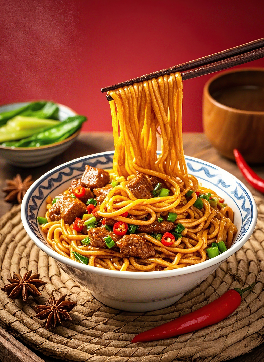 肉酱拌面美食面条筷子夹起白色花纹碗中带肉块葱花的诱人面条粉条拌粉	AI