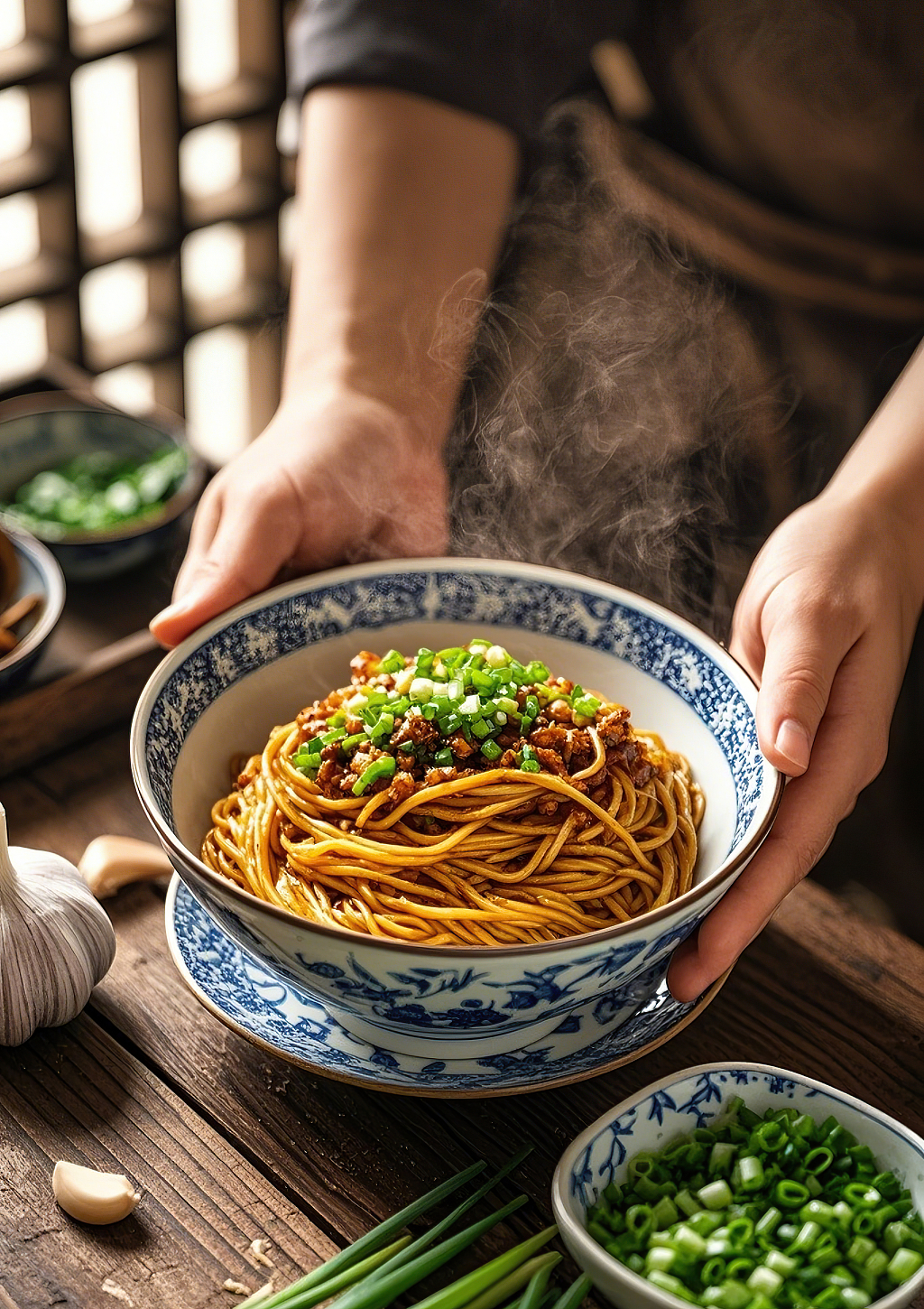 双手捧着蓝白花纹碗中冒着热气的肉酱面葱油面	AI