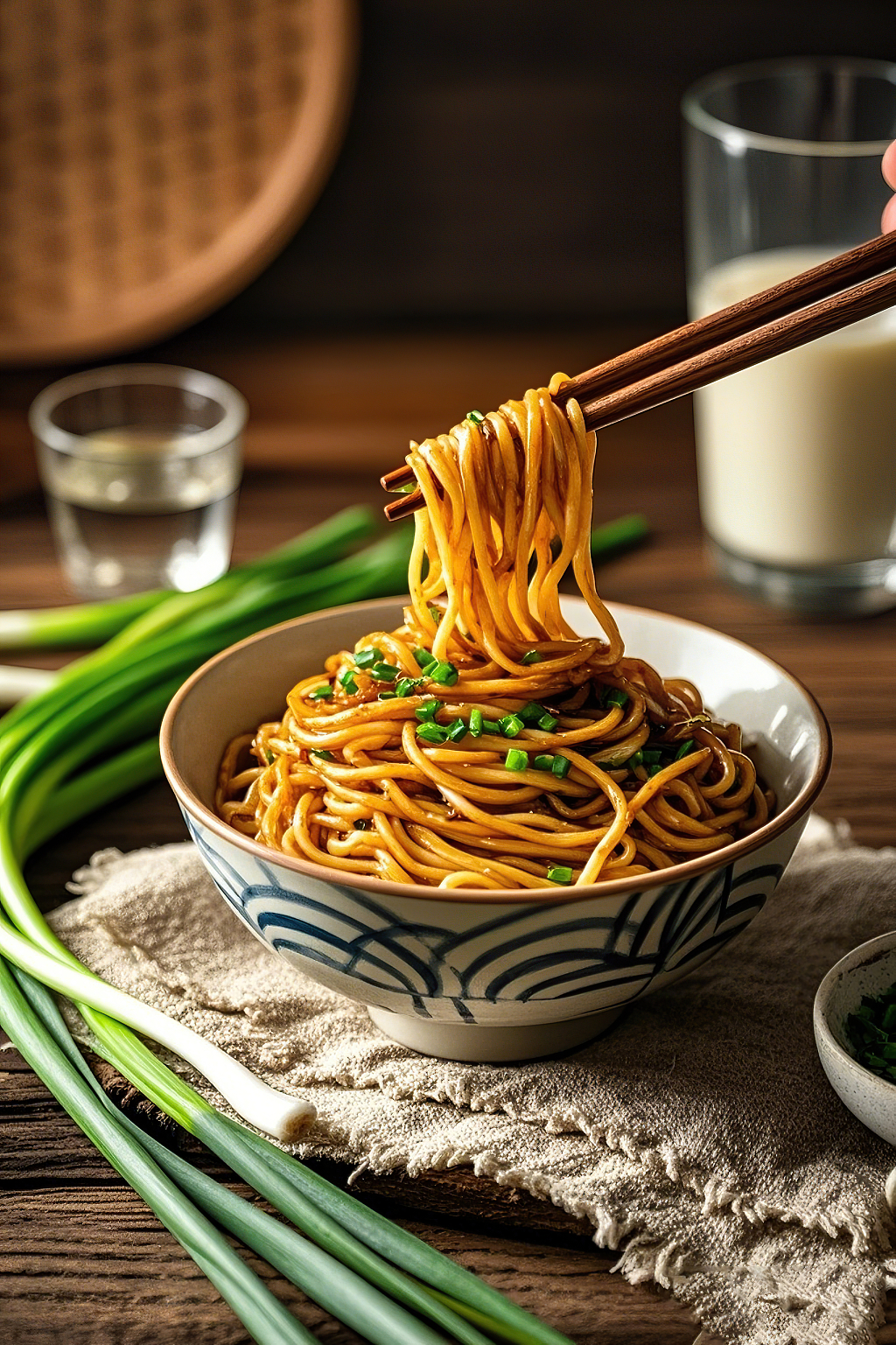 葱油面筷子夹起花纹碗中带葱花的面条旁边有牛奶和葱	AI