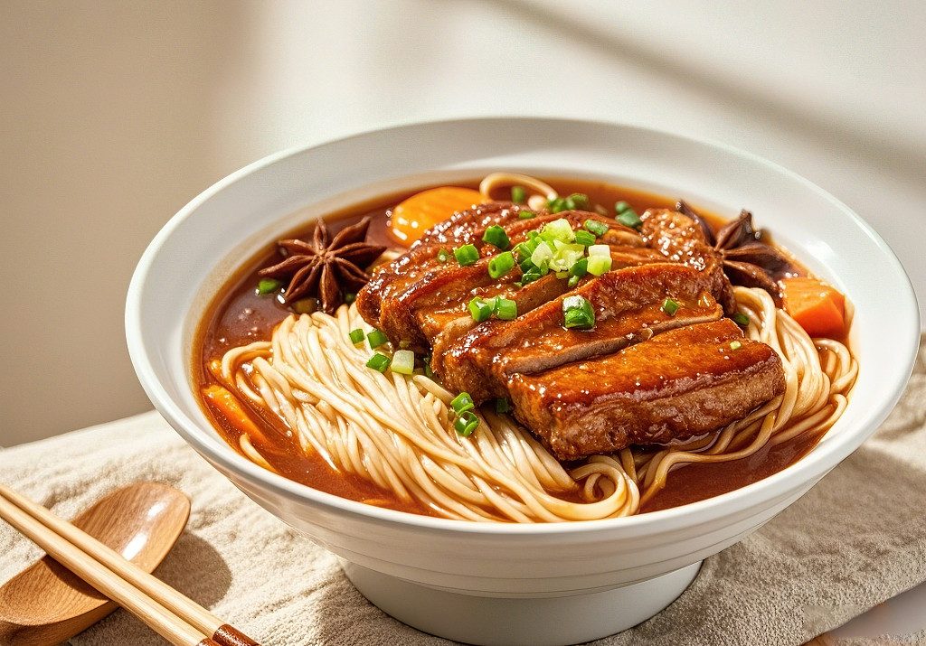 白色碗中红烧肉面条配葱花八角和胡萝卜的料理大排面	AI