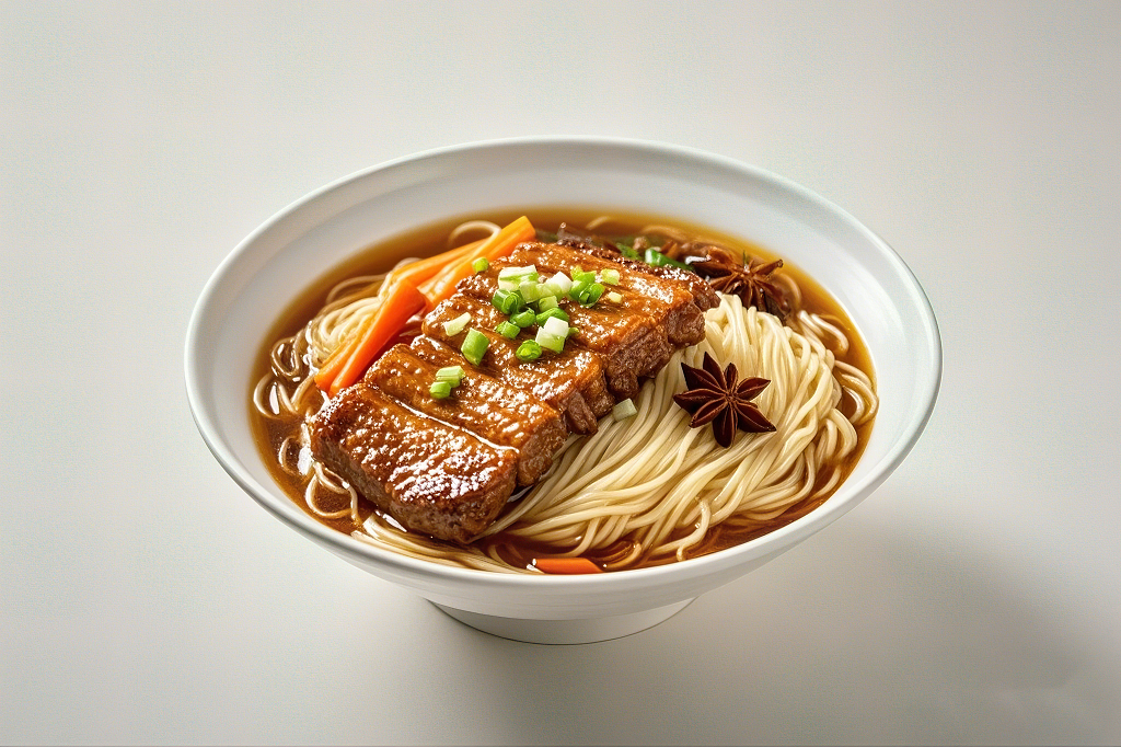 白色碗里带汤汁的红烧肉面条搭配八角胡萝卜大排面	AI