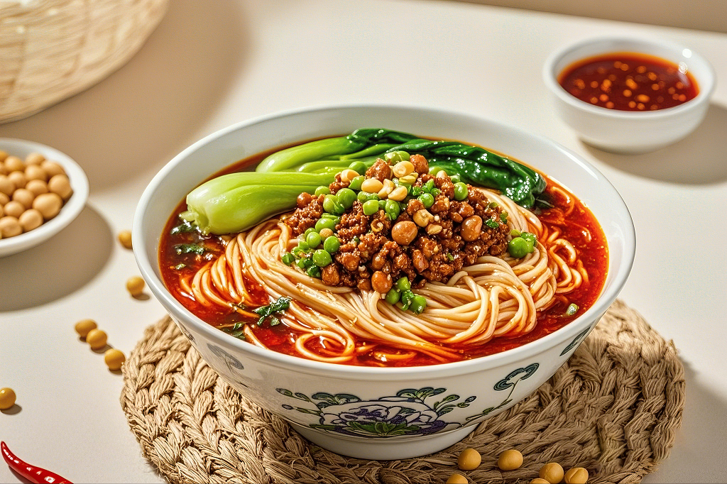 木垫上白色花纹碗中装着红汤肉末豌豆青菜面条担担面	AI