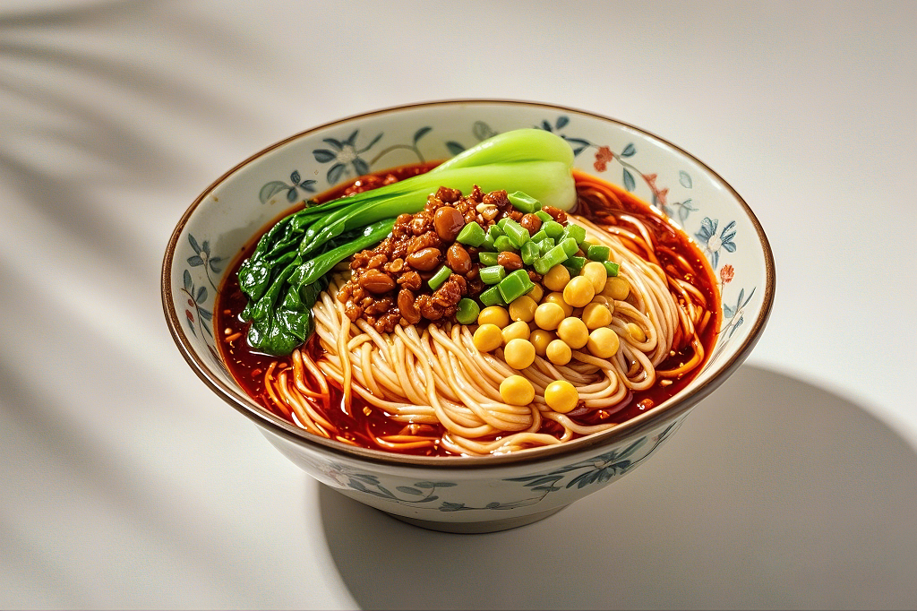 花纹瓷碗中红汤面条搭配青菜黄豆和肉末担担面	AI
