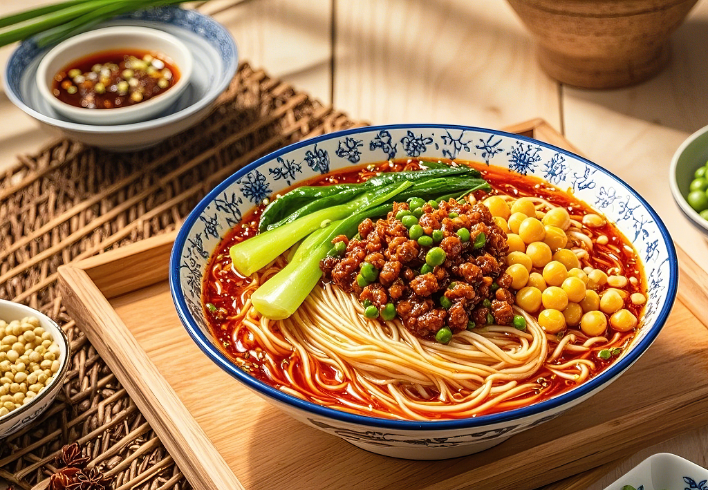 担担面木托盘上蓝白花纹碗装红汤面条及肉末蔬菜豌豆	AI