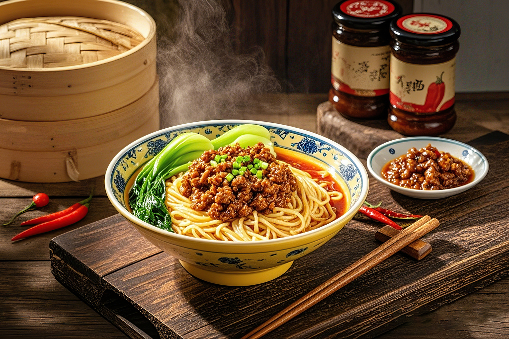 担担面木桌上黄蓝花纹碗装热气腾腾肉末青菜面条	AI