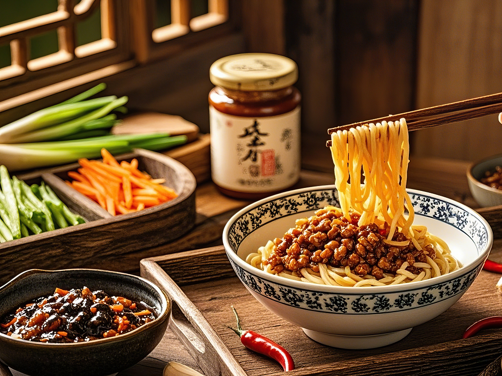 刀削面木桌上筷子夹起肉酱面条旁边有蔬菜和酱料瓶	AI