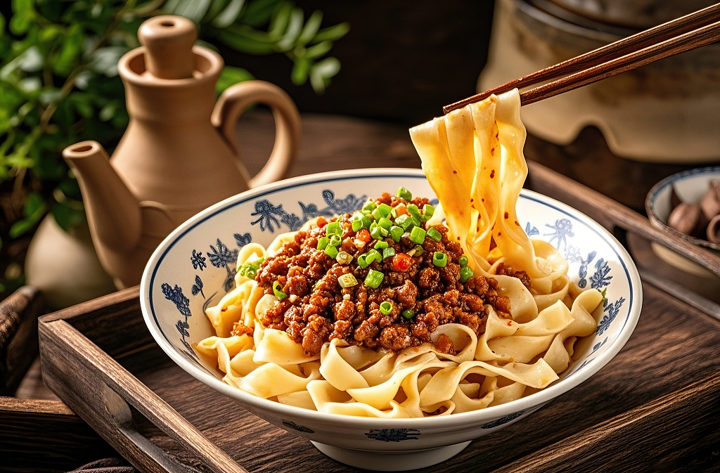 红油宽面扯面拌面美食刀削面木托盘上筷子夹起肉酱宽面背景有陶壶和辣椒	AI