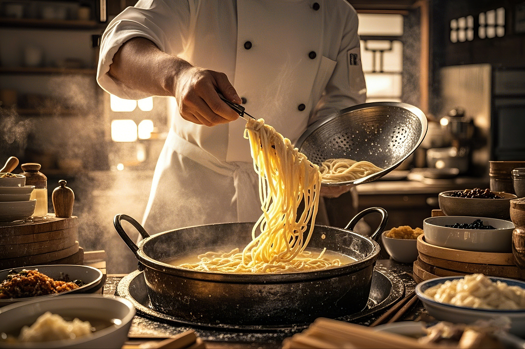 厨师在厨房中从锅中捞起热气腾腾的面条刀削面	AI