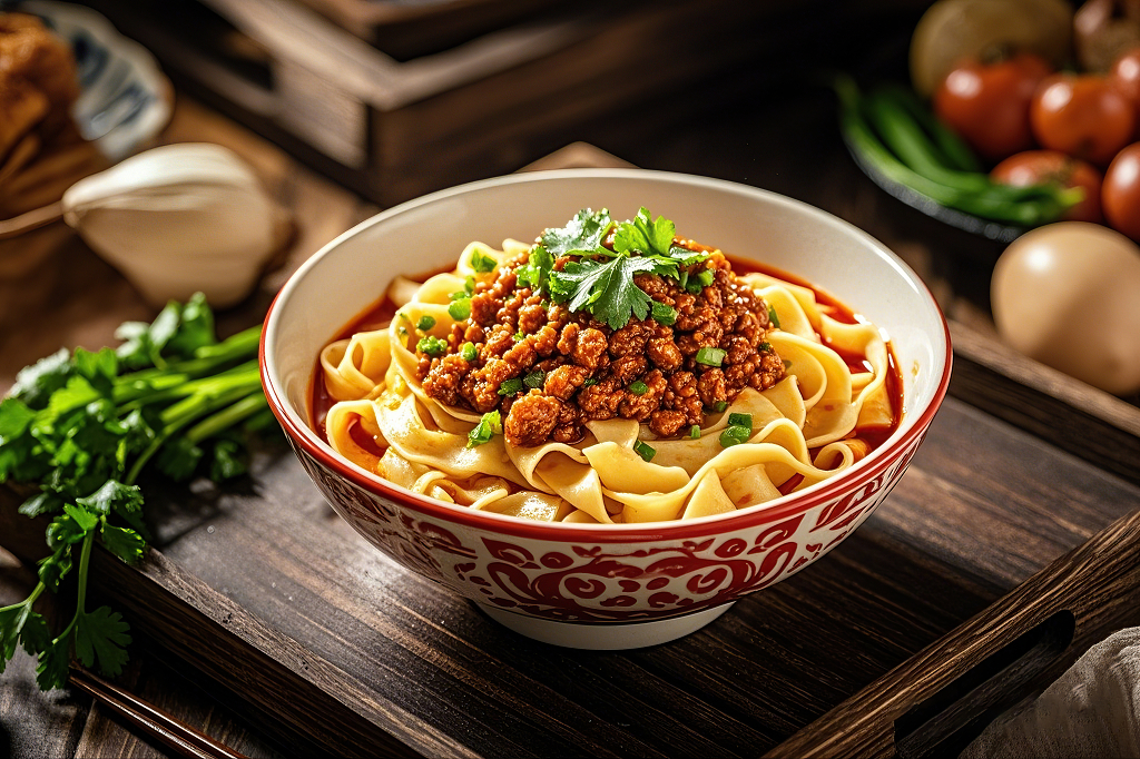 红油宽面扯面拌面美食刀削面木桌上红边碗装肉酱宽面旁边有蔬菜和鸡蛋	AI
