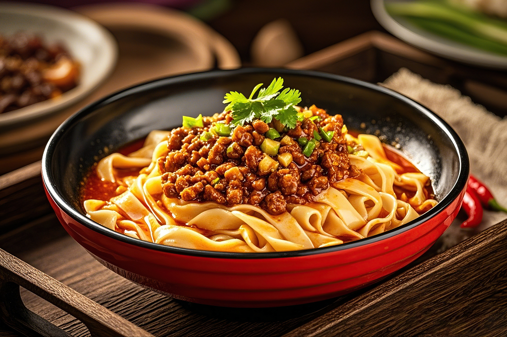 红油宽面扯面拌面美食刀削面木托盘上红黑碗装肉酱宽面旁边有红辣椒	AI