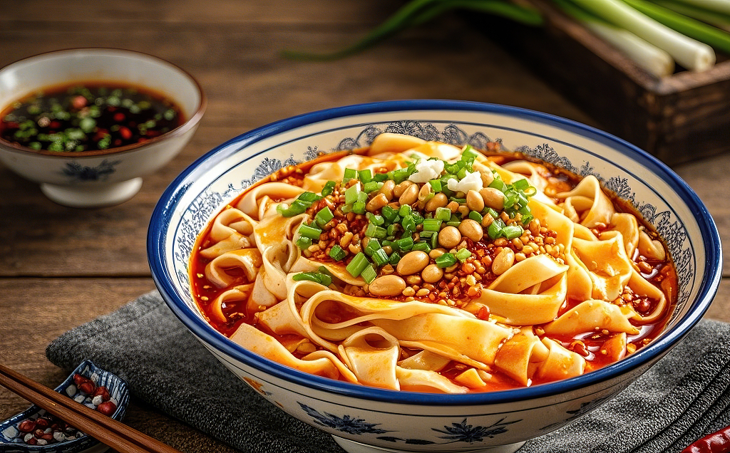 刀削面木桌上蓝白碗装红汤宽面配花生葱花和调料碗	AI